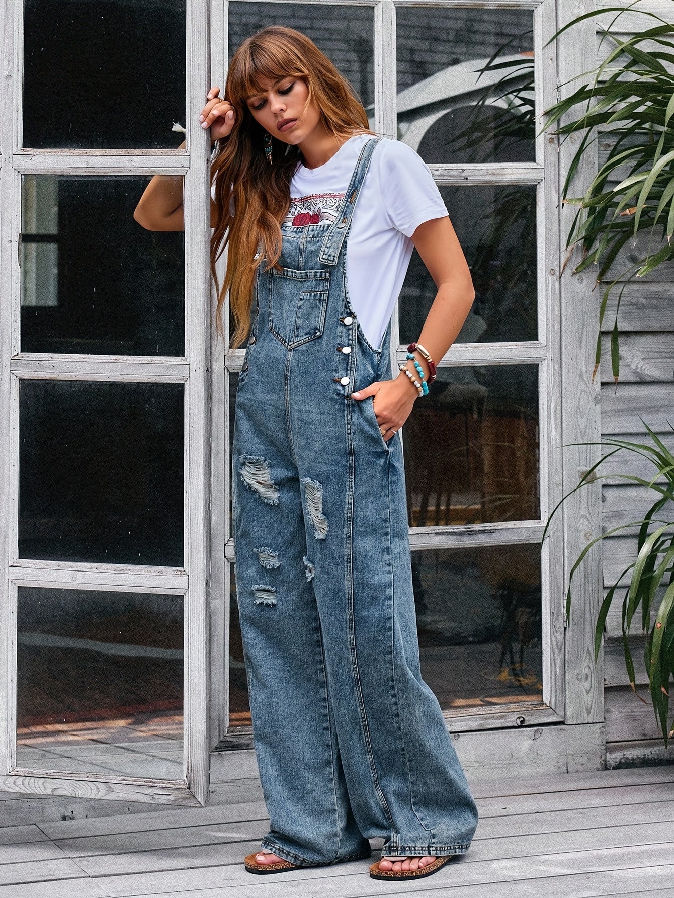 Women's Denim Jumpsuit - Wide Leg Pocket Detail detail view