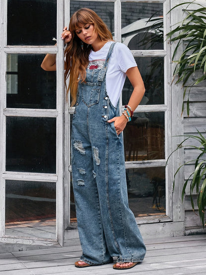 Women's Denim Jumpsuit - Wide Leg Pocket Detail detail view
