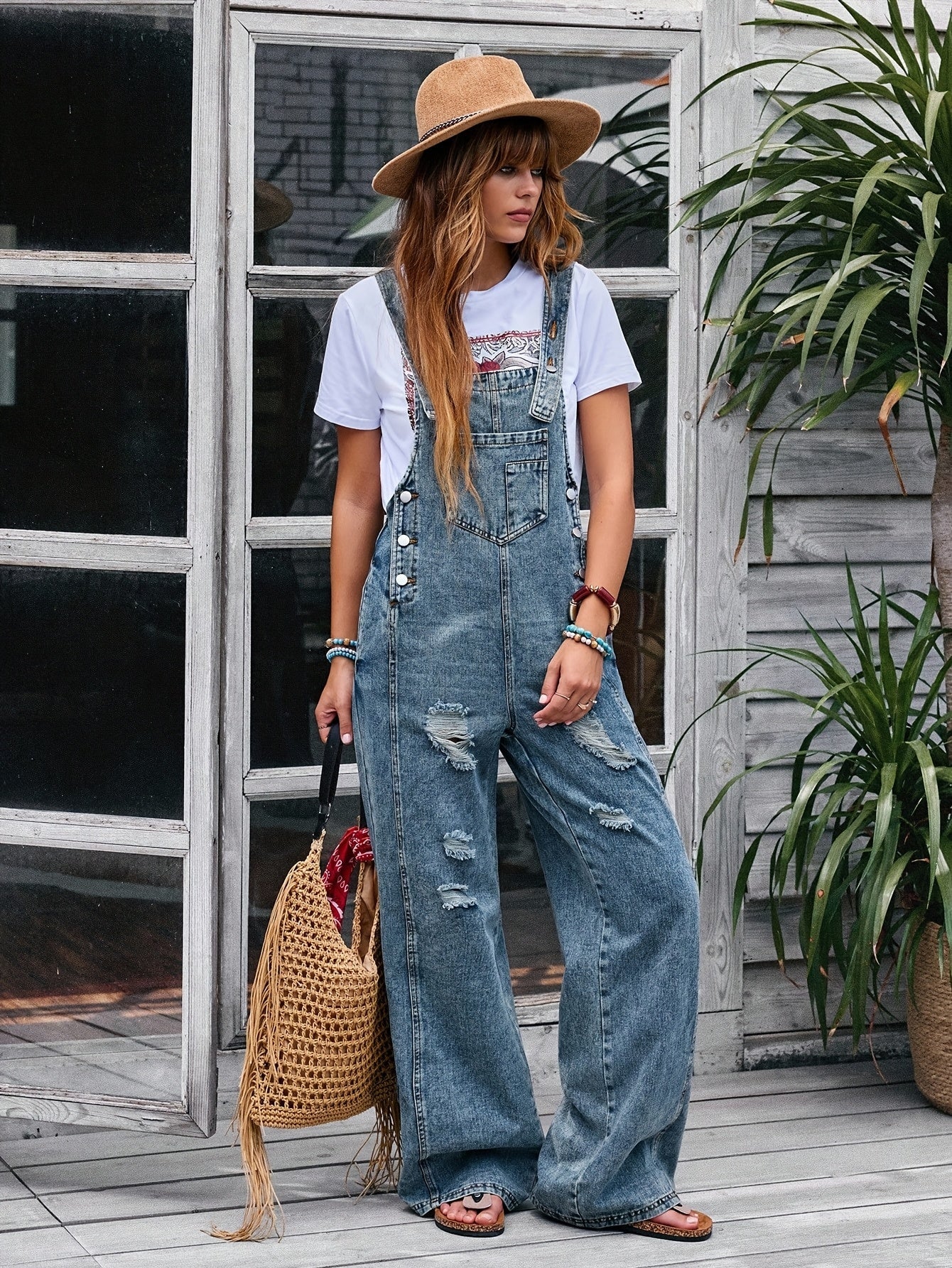 Women's Denim Jumpsuit - Wide Leg Pocket Detail detail view