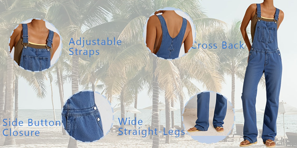Women's Denim Overalls - Adjustable Strap Pocket Design detail view