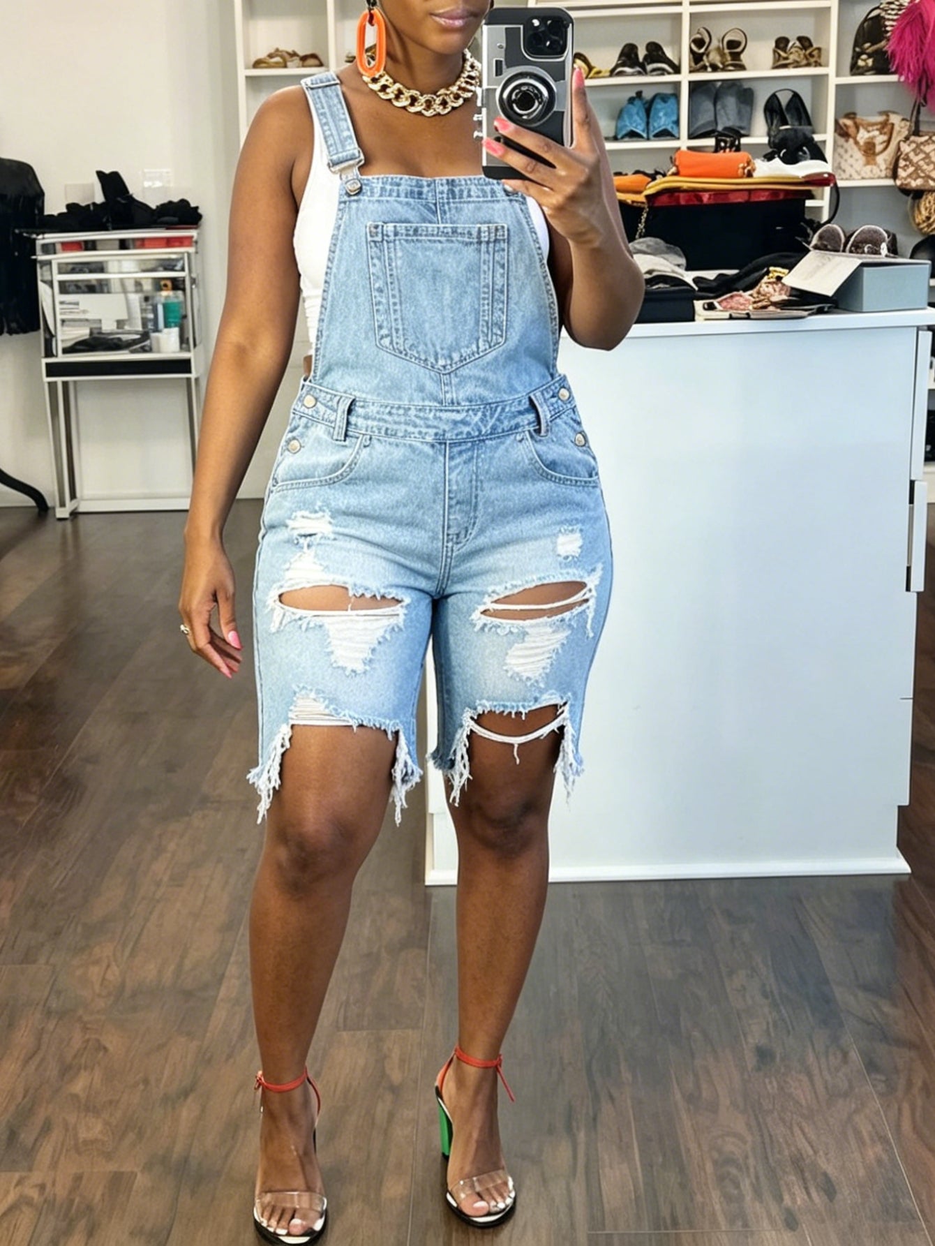 Women's Denim Overalls - Blue Distressed Detail – Blue option – main product image