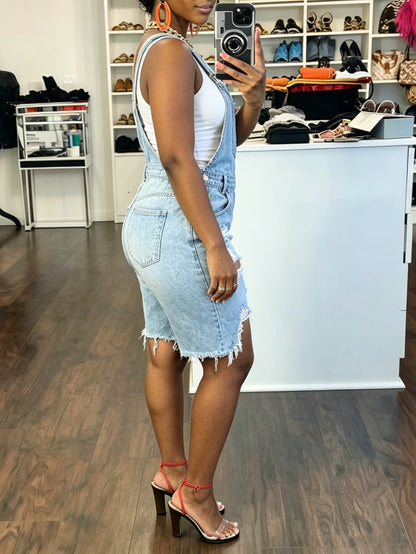 Women's Denim Overalls - Blue Distressed Detail detail view