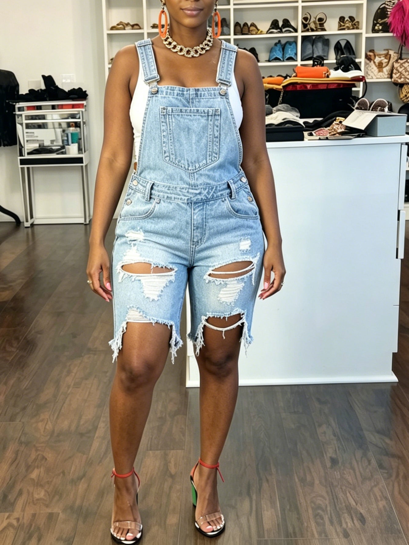 Women's Denim Overalls - Blue Distressed Detail detail view