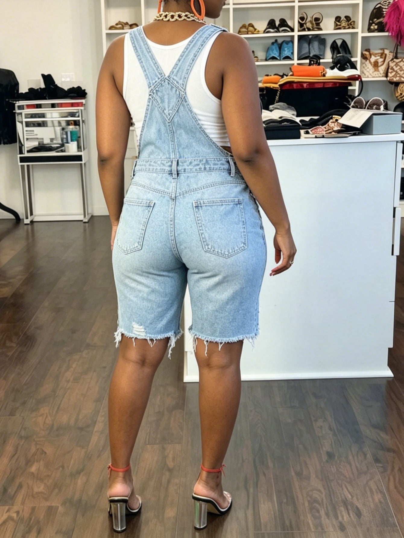 Women's Denim Overalls - Blue Distressed Detail detail view