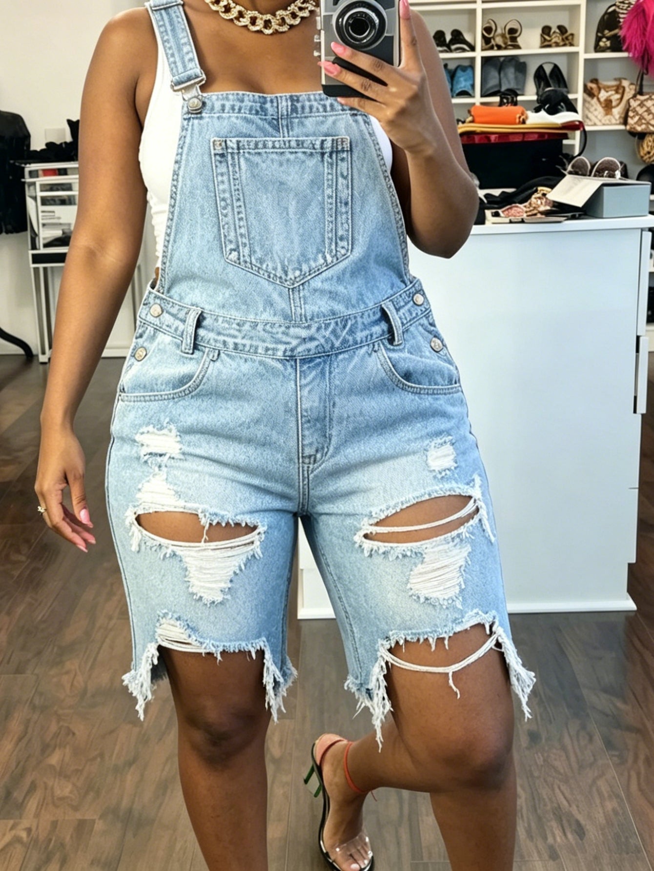 Women's Denim Overalls - Blue Distressed Detail detail view