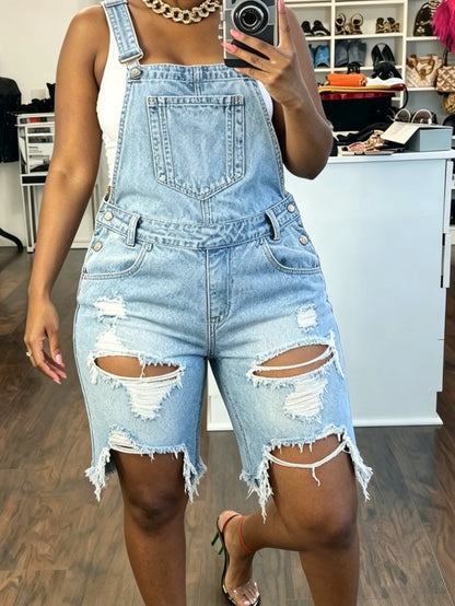 Women's Denim Overalls - Blue Distressed Detail detail view