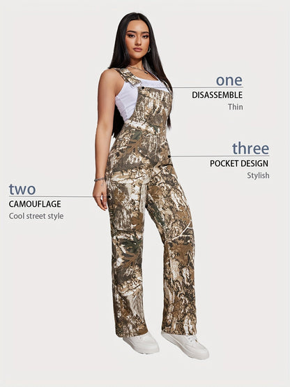 Women's Denim Overalls - Camo Print Full Length detail view