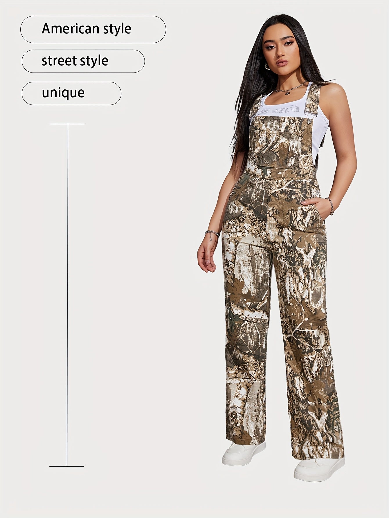 Women's Denim Overalls - Camo Print Full Length detail view