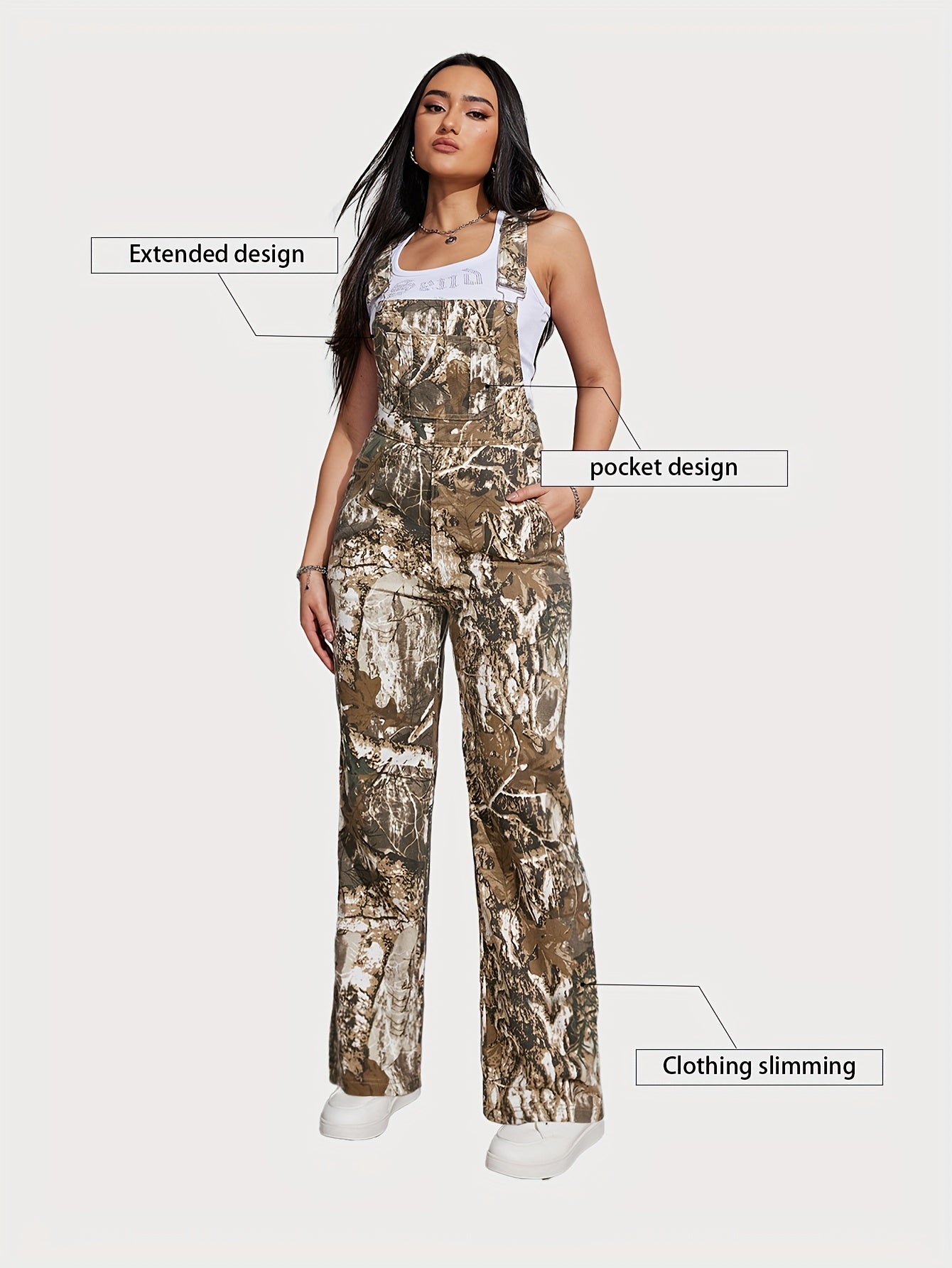 Women's Denim Overalls - Camo Print Full Length detail view
