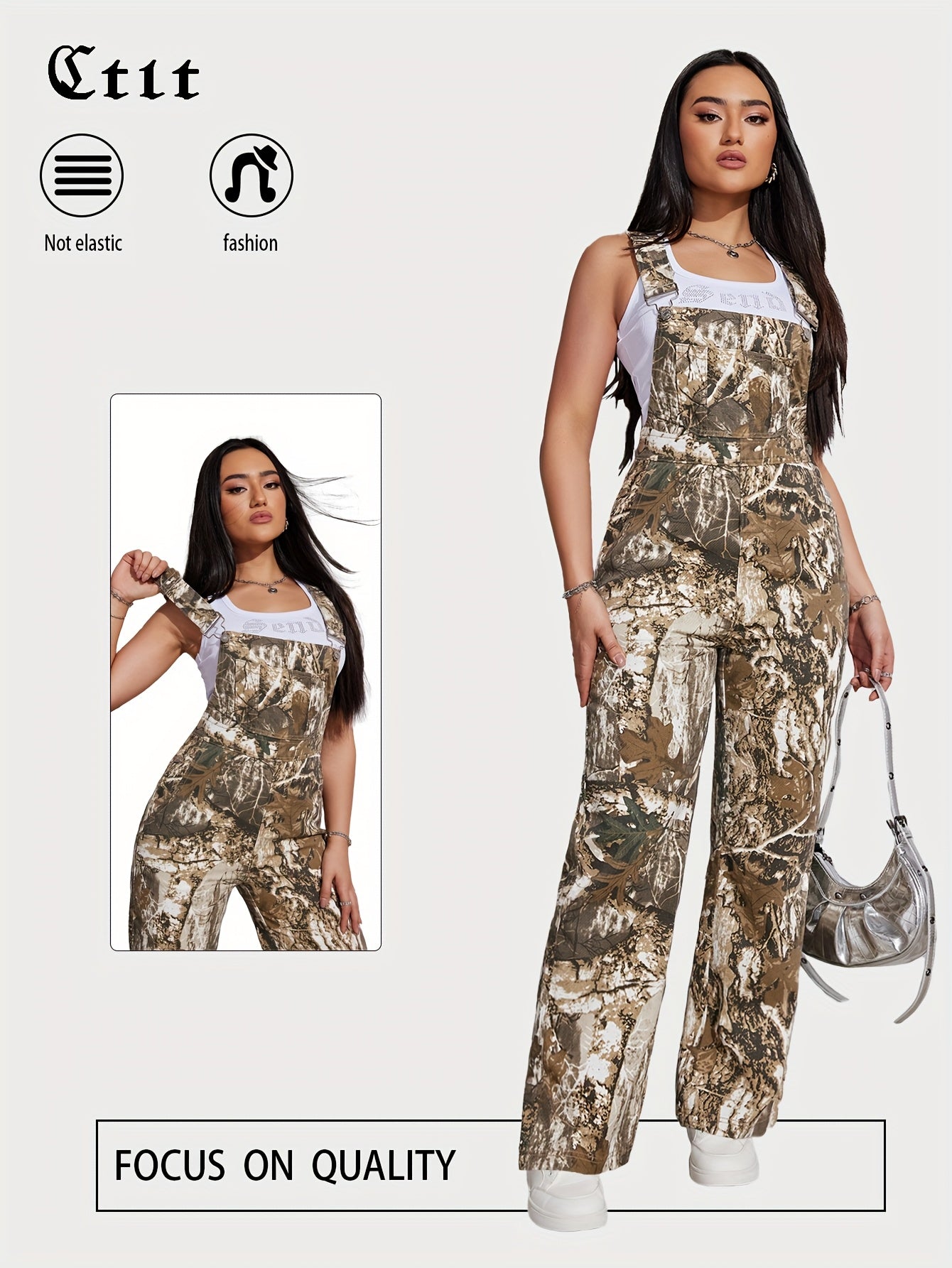 Women's Denim Overalls - Camo Print Full Length detail view
