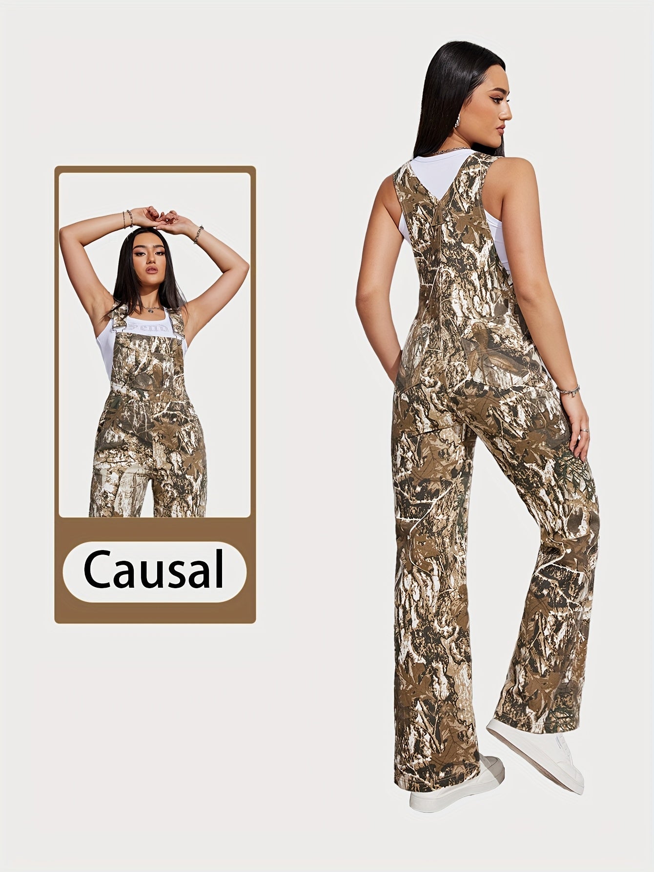 Women's Denim Overalls - Camo Print Full Length detail view