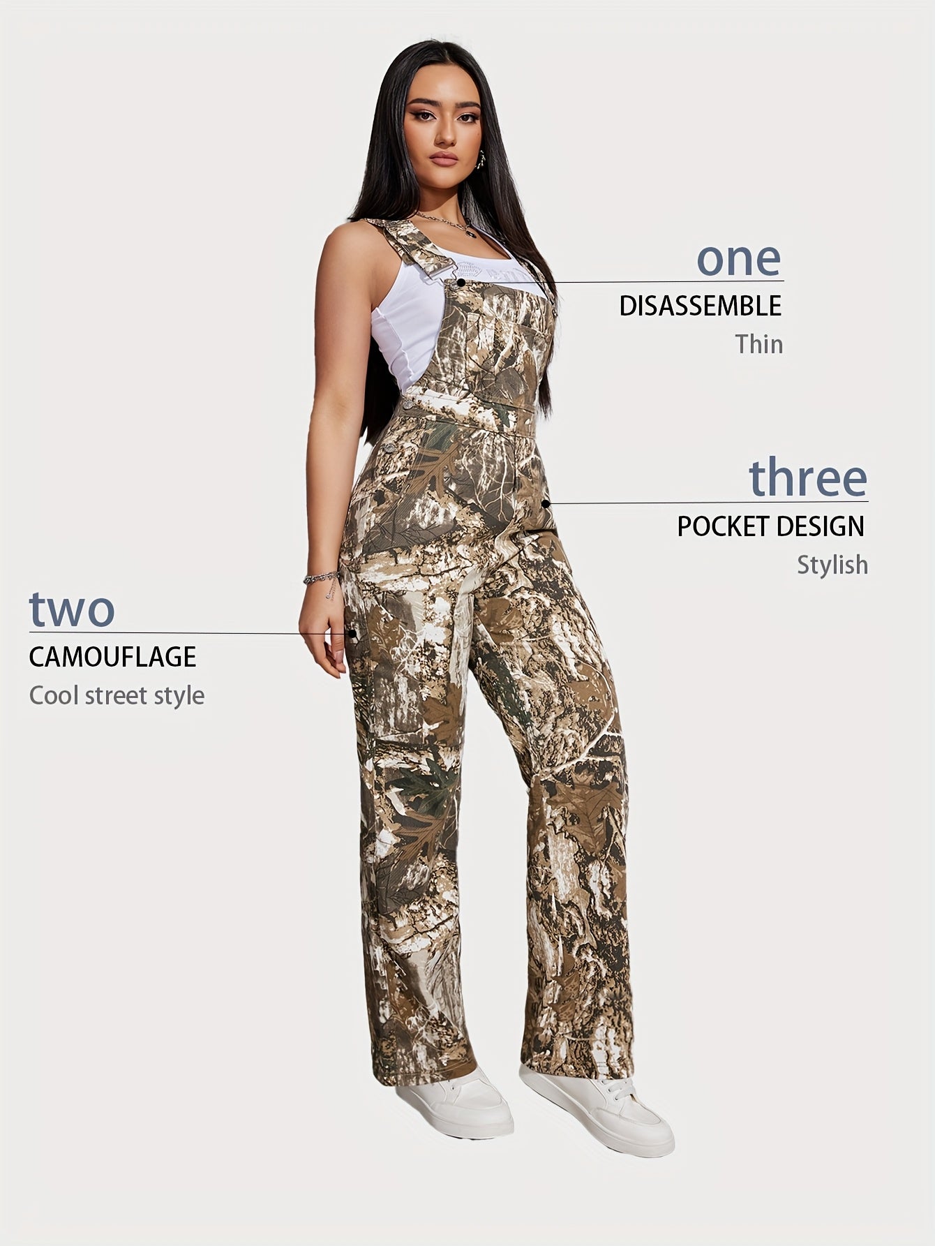 Women's Denim Overalls - Camo Print Full Length detail view