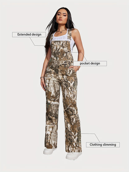 Women's Denim Overalls - Camo Print Full Length detail view