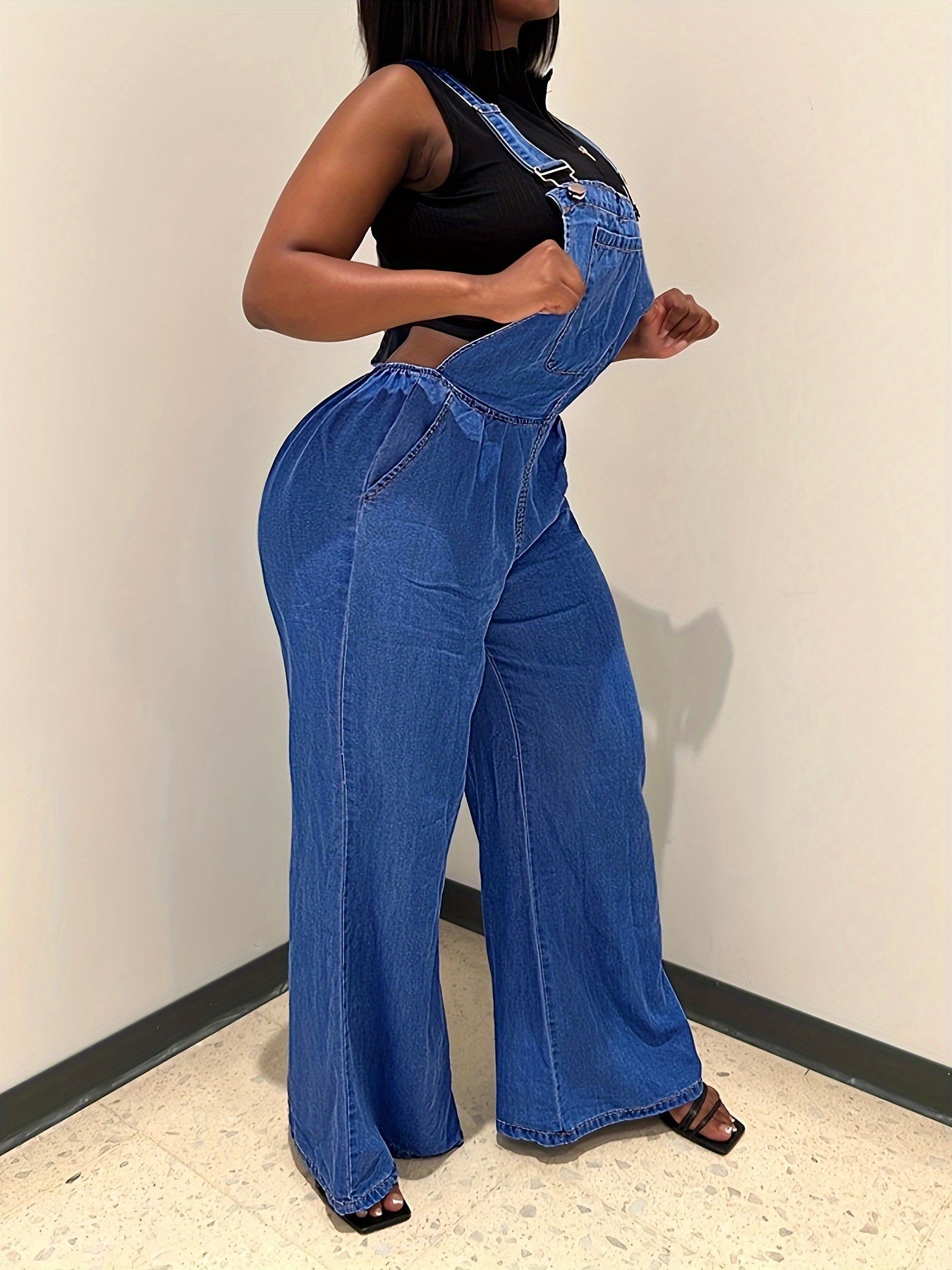 Women's Denim Overalls - Dark Blue Pocket Detail detail view