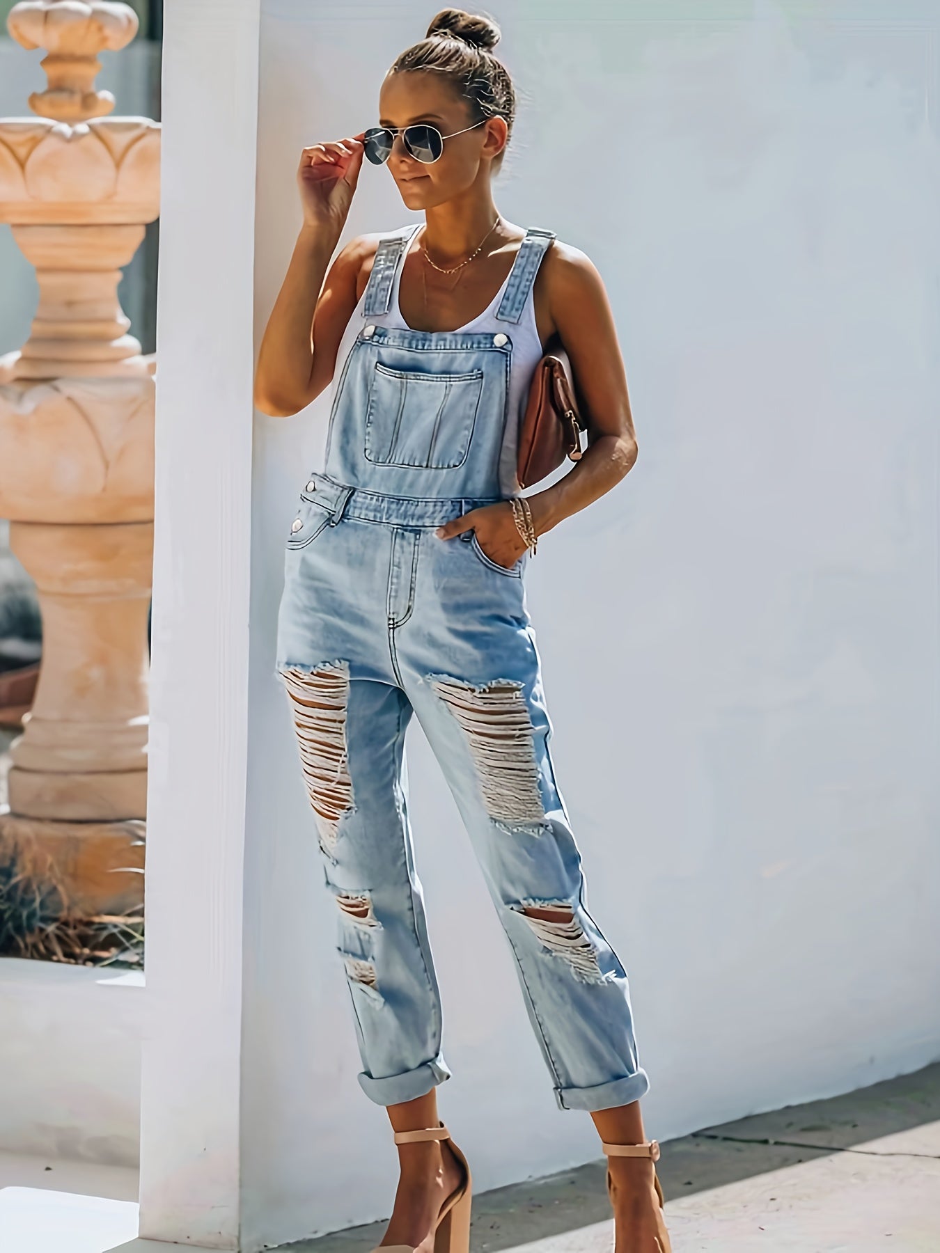 Women's Denim Overalls - Distressed Detail Regular Fit detail view