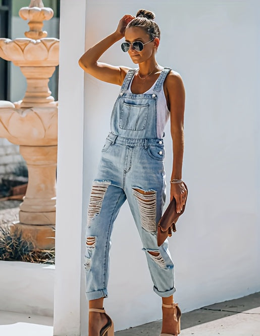 Women's Denim Overalls - Distressed Detail Regular Fit detail view