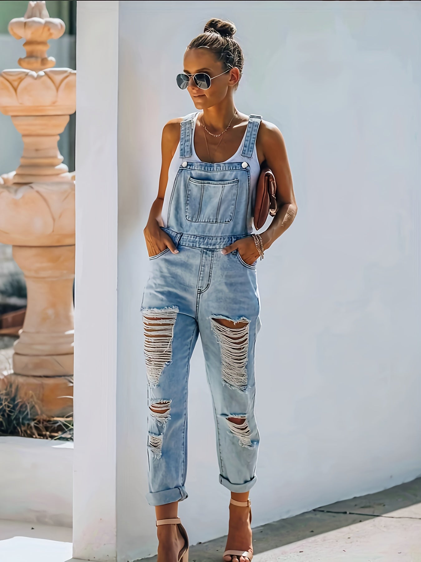 Women's Denim Overalls - Distressed Detail Regular Fit detail view