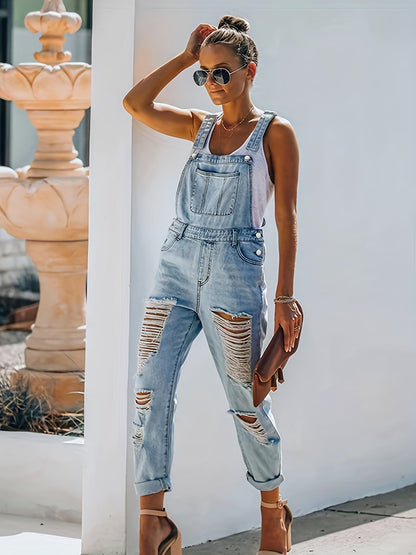 Women's Denim Overalls - Distressed Detail Regular Fit detail view