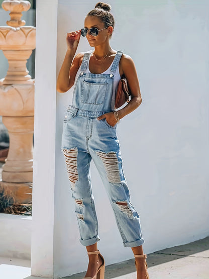 Women's Denim Overalls - Distressed Detail Regular Fit detail view