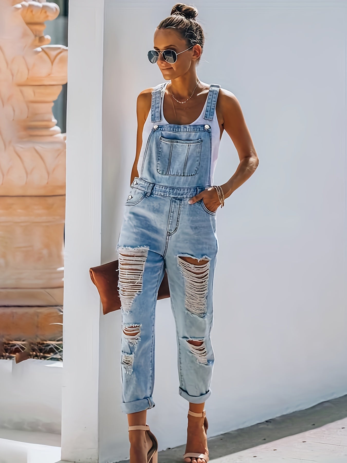 Women's Denim Overalls - Distressed Detail Regular Fit – Blue option – main product image