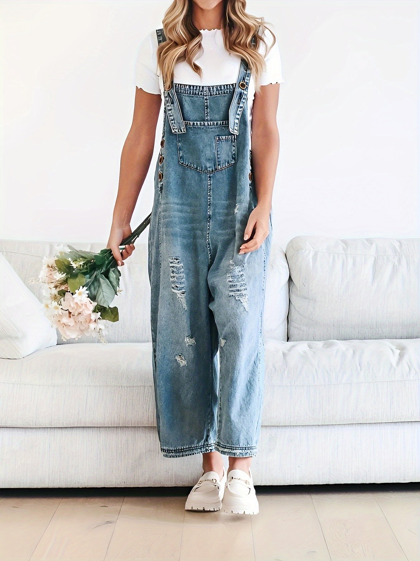 Women's Denim Overalls - Distressed Detail Relaxed detail view
