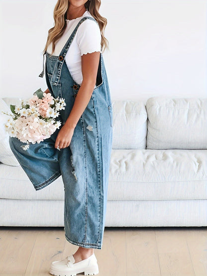 Women's Denim Overalls - Distressed Detail Relaxed detail view