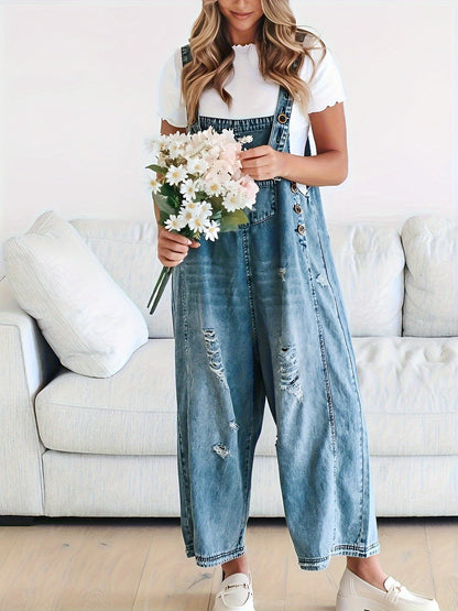 Women's Denim Overalls - Distressed Detail Relaxed detail view