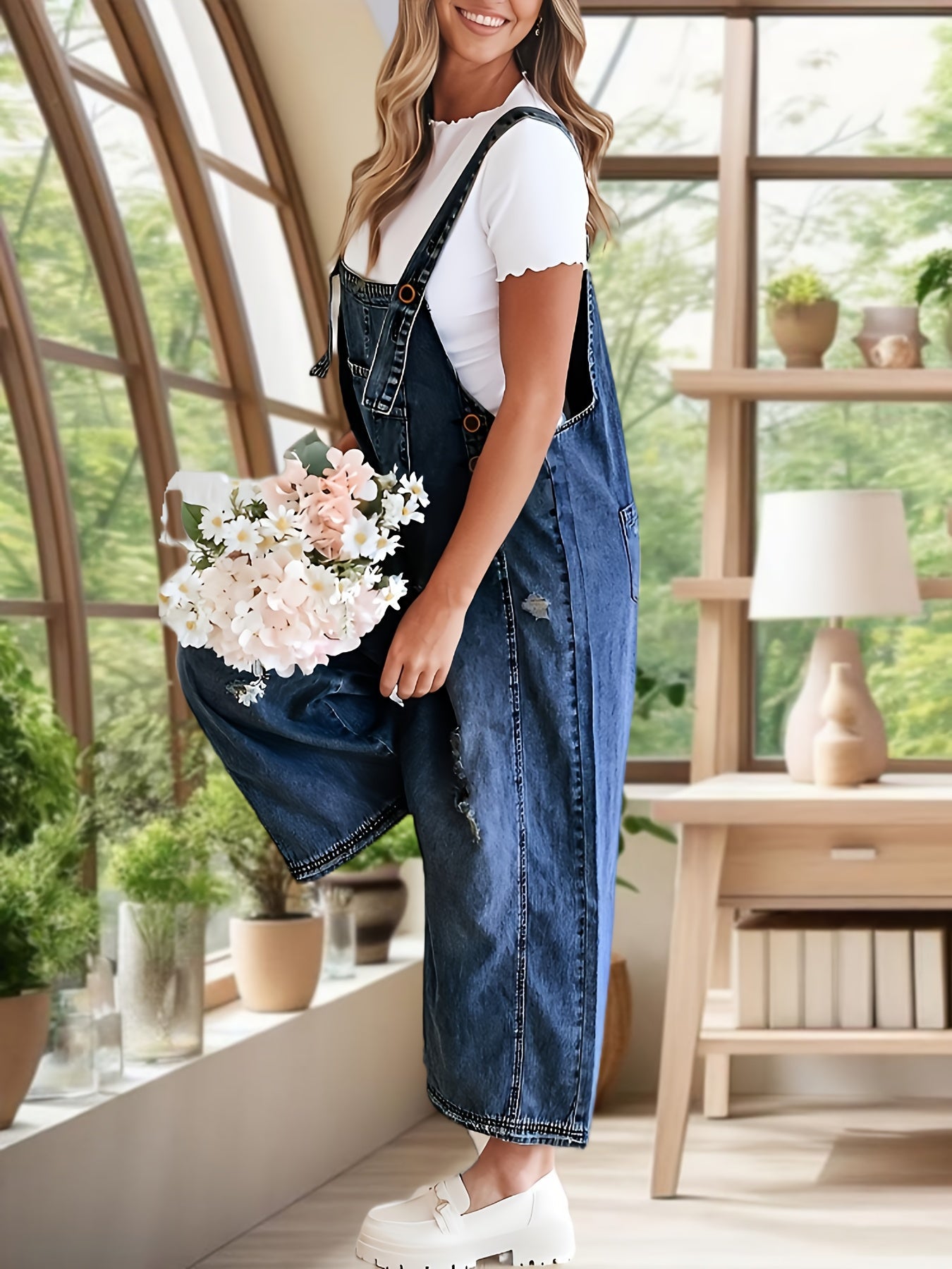 Women's Denim Overalls - Full Length Distressed Detail 3 detail view