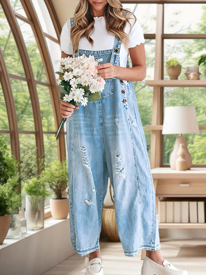 Women's Denim Overalls - Full Length Distressed Detail 3 – Blue option – main product image