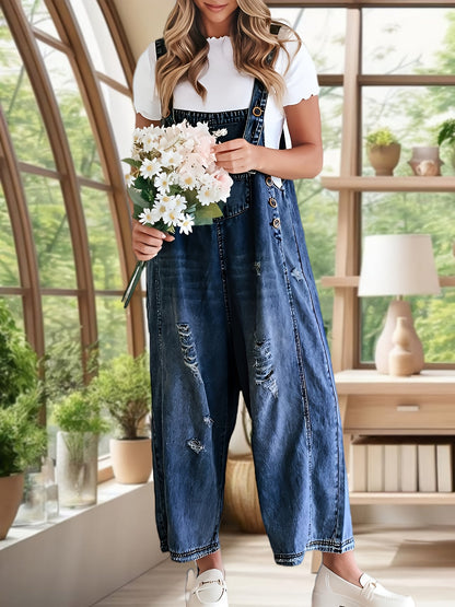 Women's Denim Overalls - Full Length Distressed Detail 3 – Blue option – view 2