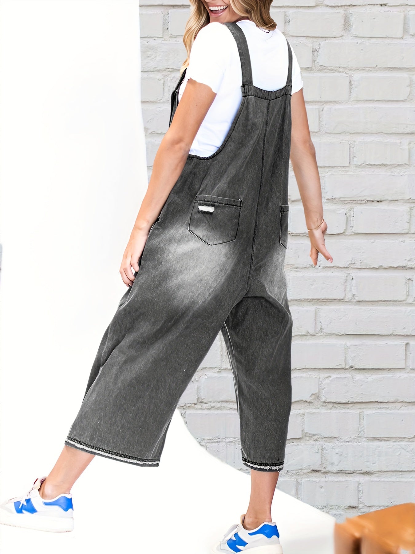 Women's Denim Overalls - Full Length Distressed Detail detail view