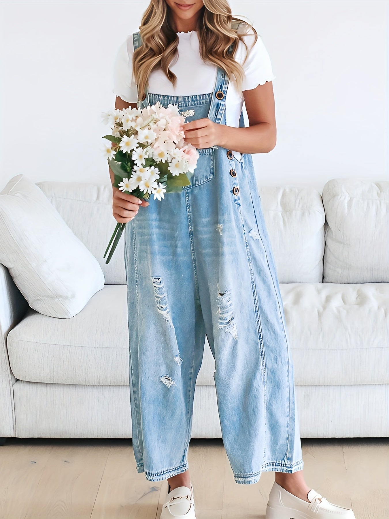 Women's Denim Overalls - Full Length Distressed Detail detail view