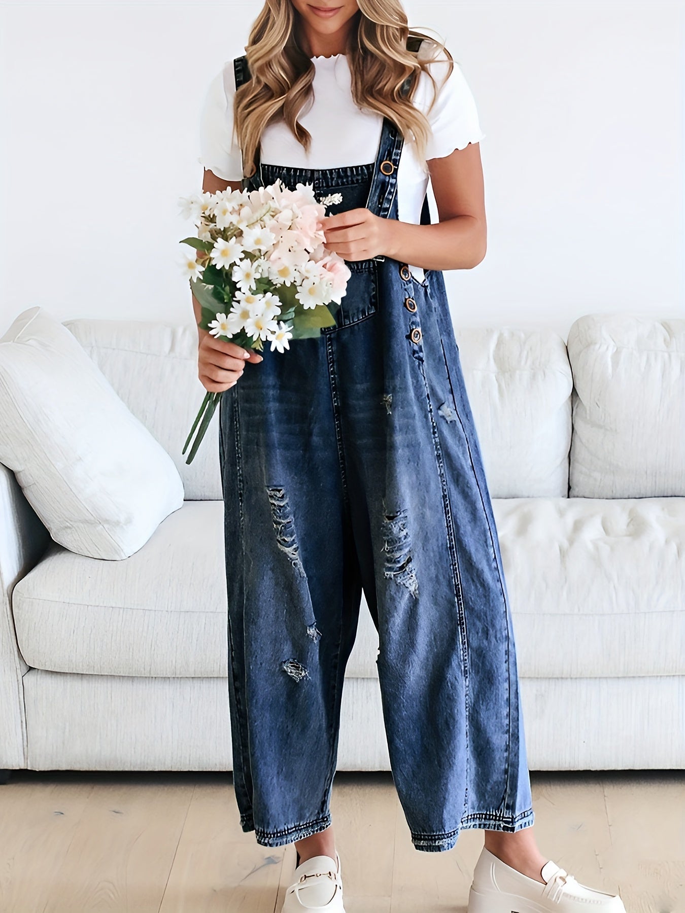 Women's Denim Overalls - Full Length Distressed Detail detail view