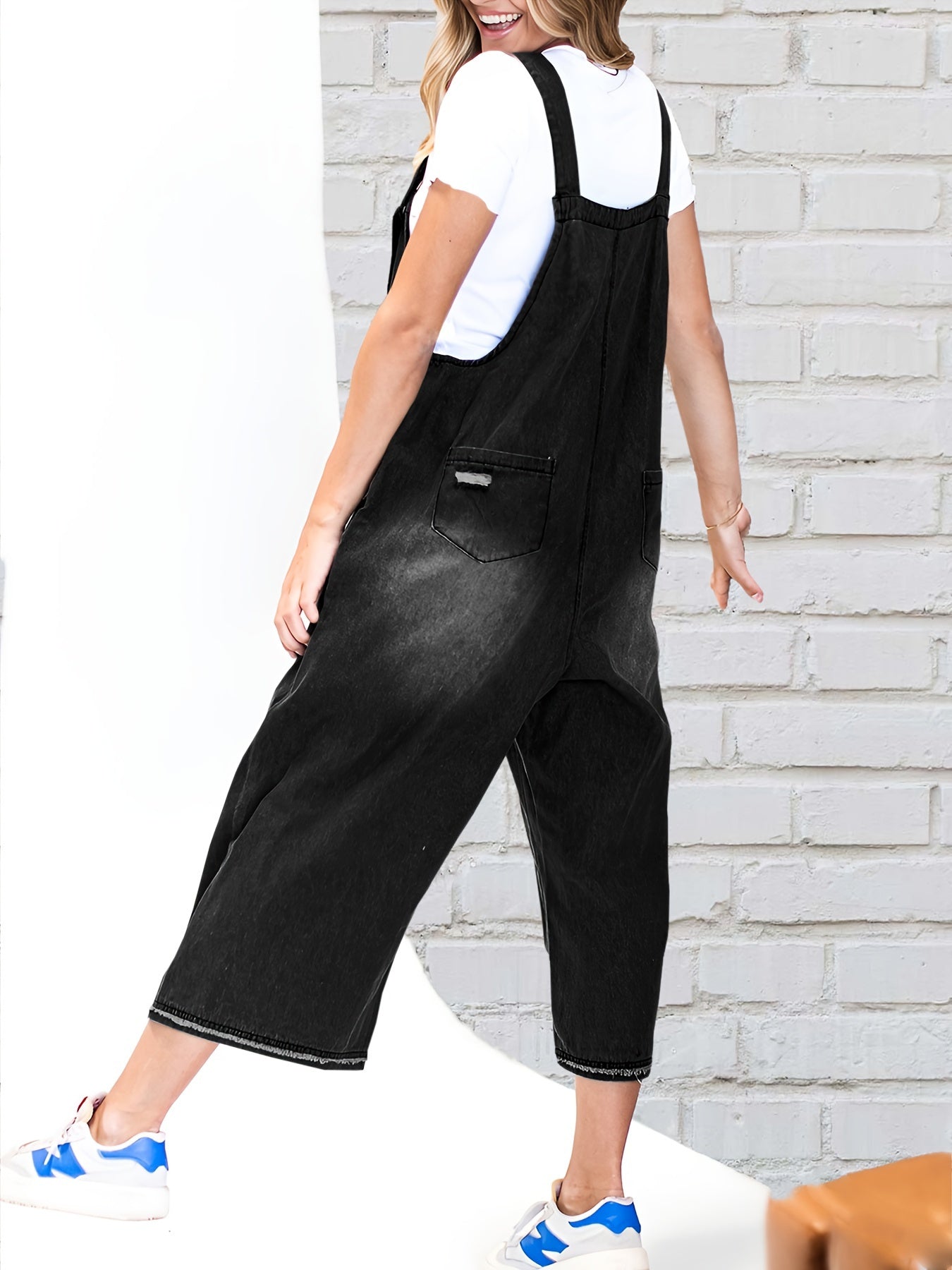 Women's Denim Overalls - Full Length Distressed Detail detail view
