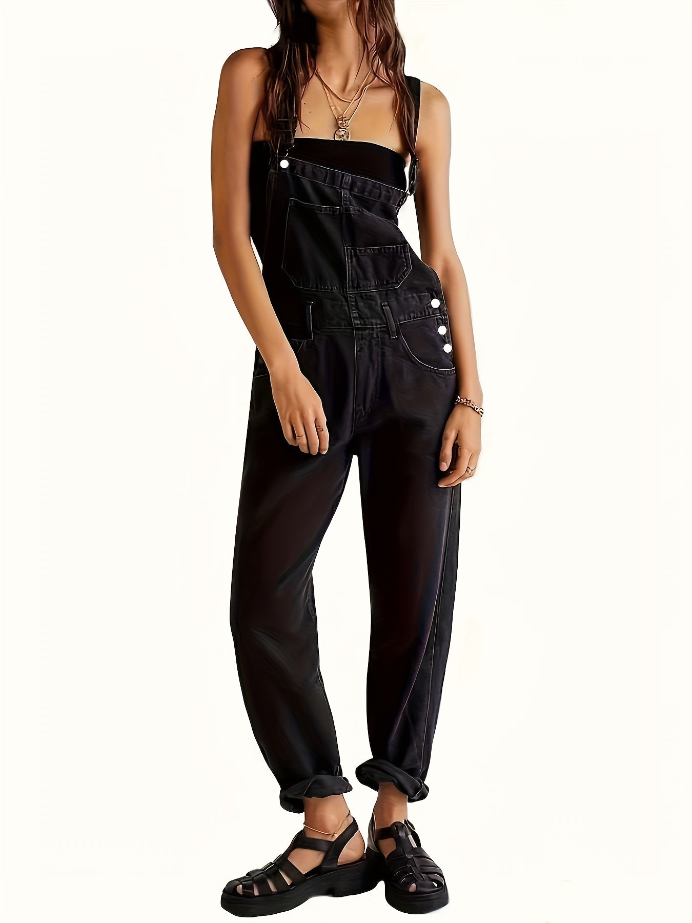 Women's Denim Overalls - Pocket Detail Relaxed detail view