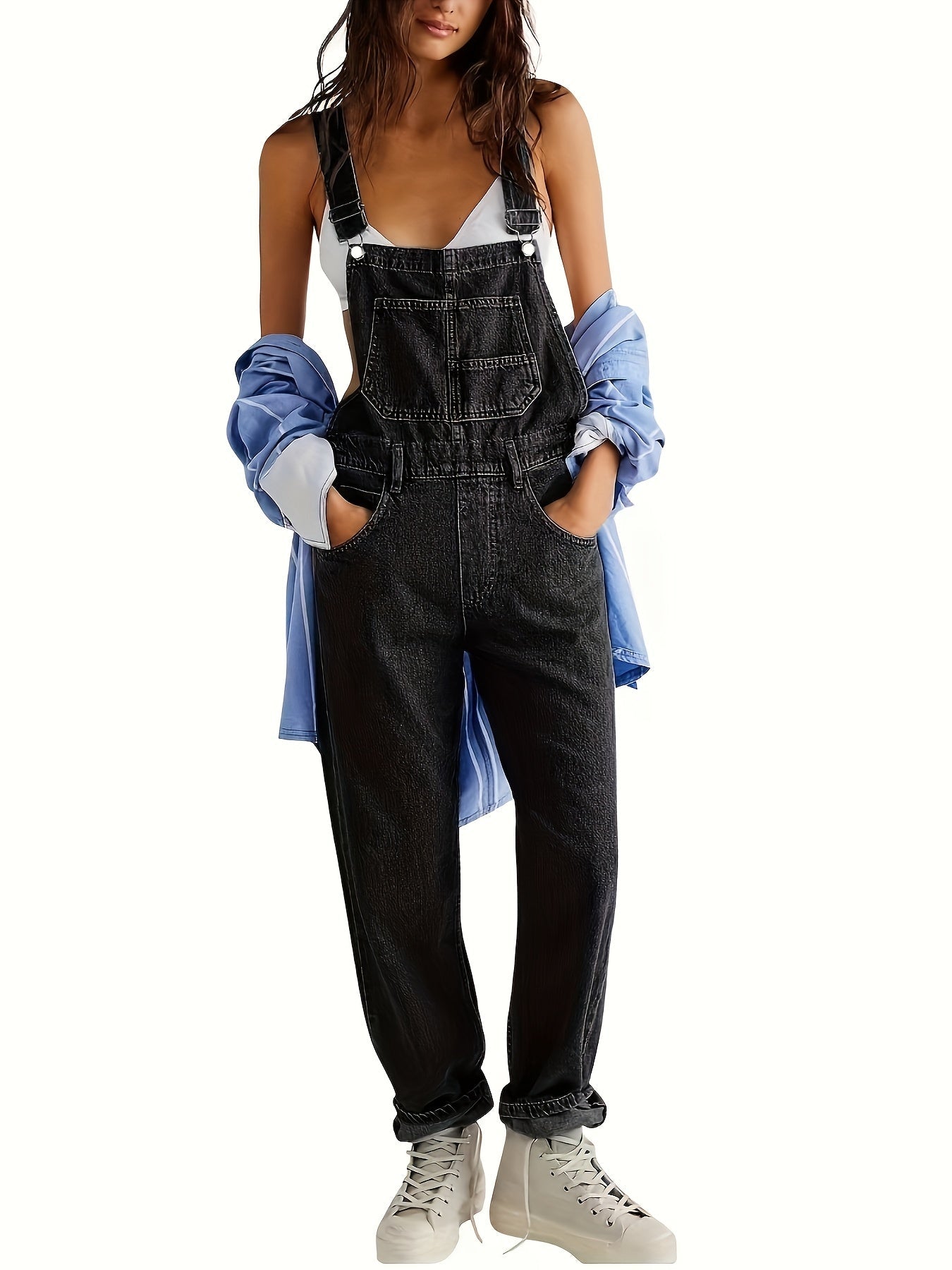 Women's Denim Overalls - Pocket Detail Relaxed detail view