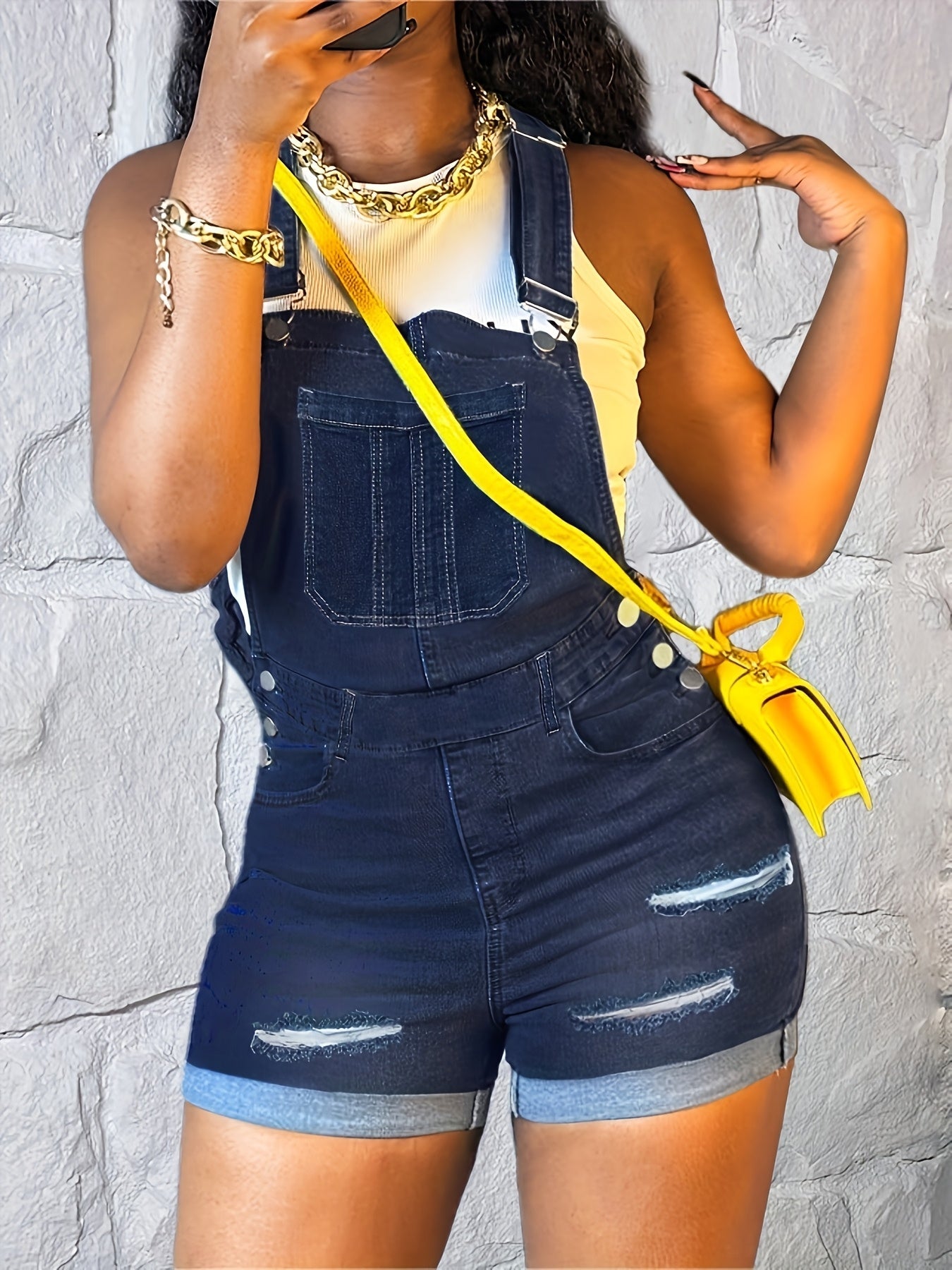 Women's Denim Overalls - Short Leg Distressed Detail detail view