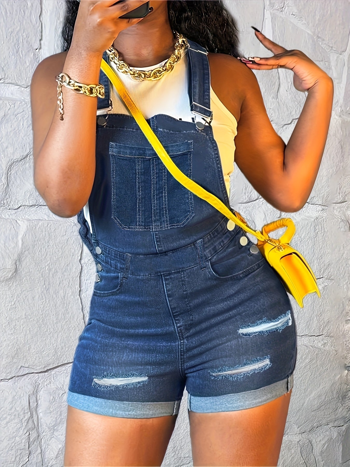 Women's Denim Overalls - Short Leg Distressed Detail detail view
