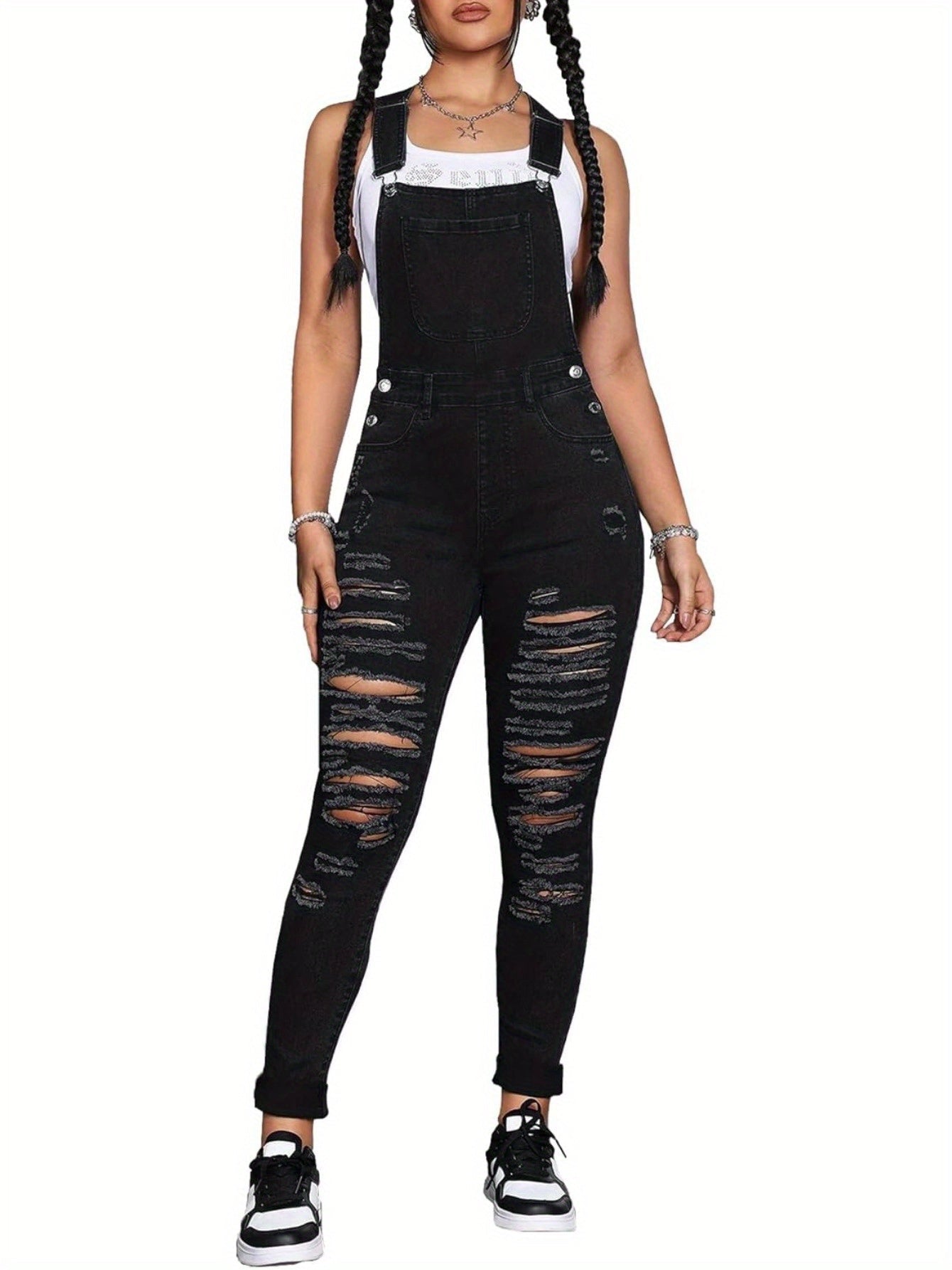Women's Denim Overalls - Skinny Leg Distressed Detail detail view