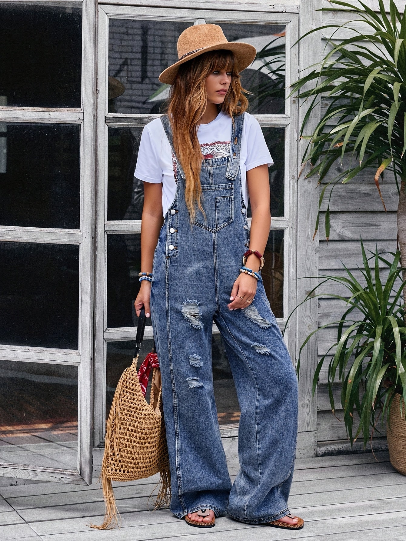 Women's Denim Overalls - Wide Leg Distressed Detail 2 detail view