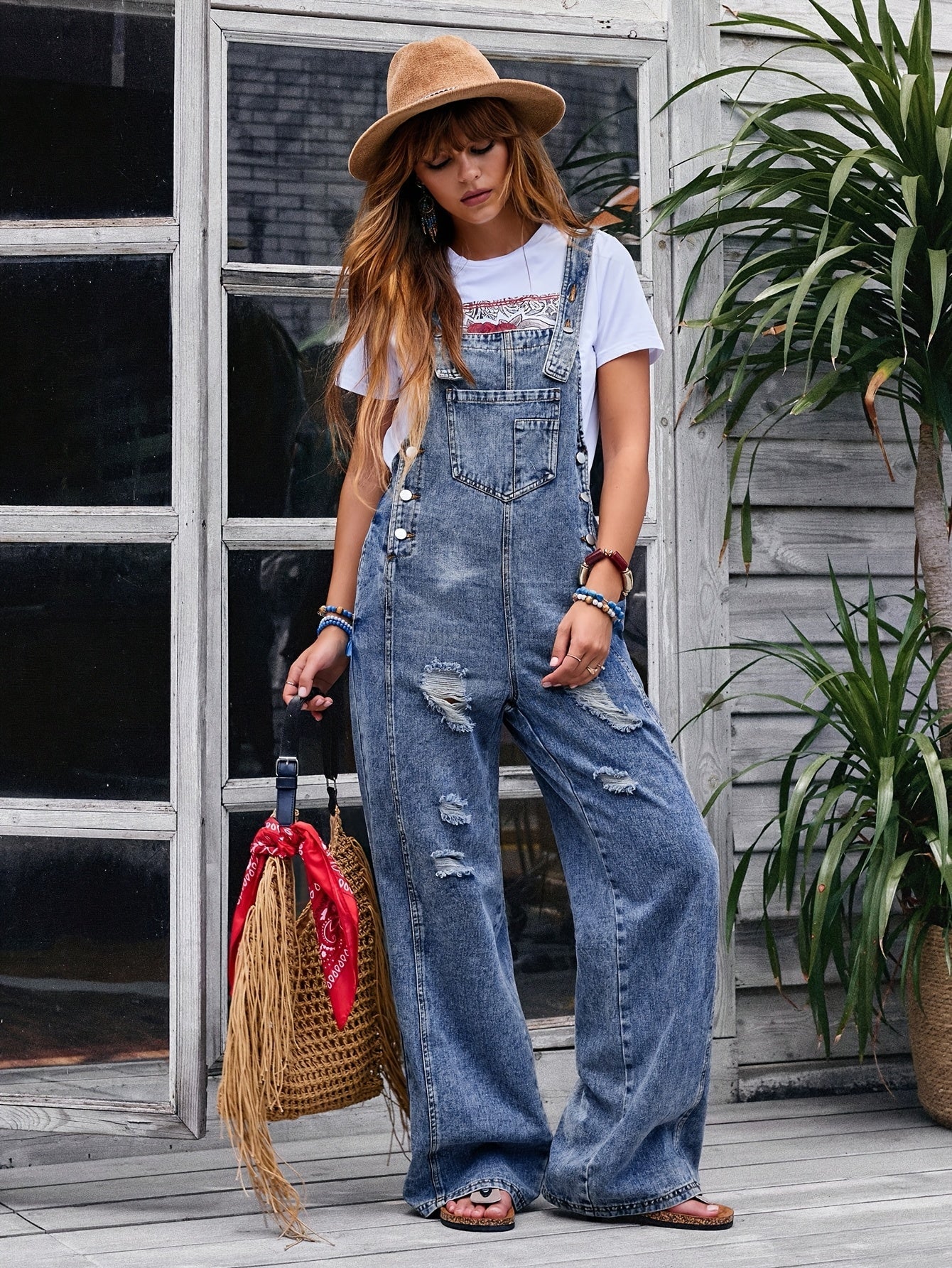 Women's Denim Overalls - Wide Leg Distressed Detail 2 detail view