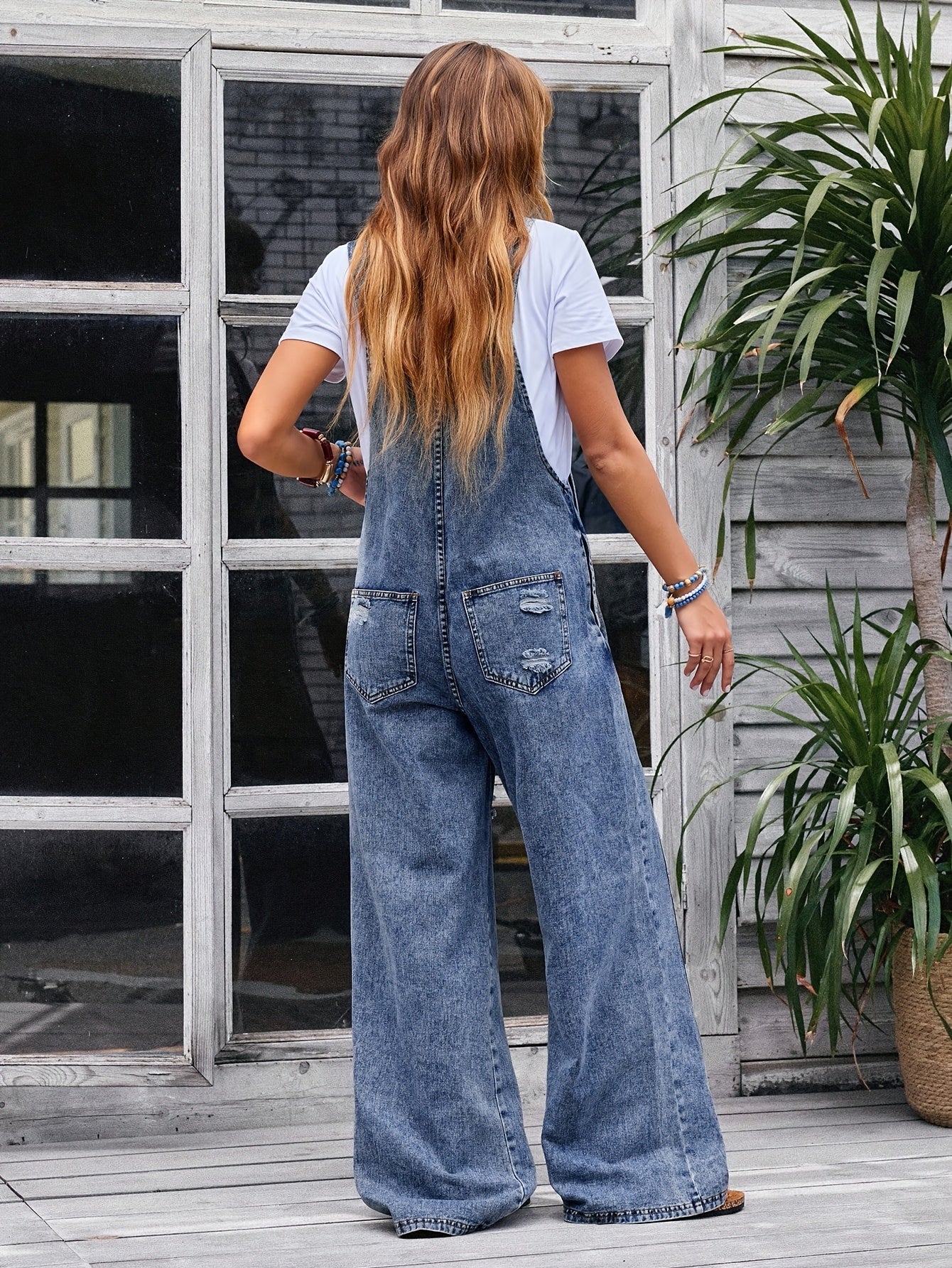 Women's Denim Overalls - Wide Leg Distressed Detail 2 detail view