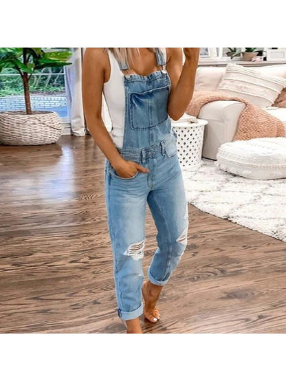 Women's Denim Overalls - Wide Leg Distressed Detail detail view