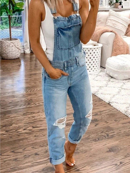 Women's Denim Overalls - Wide Leg Distressed Detail detail view