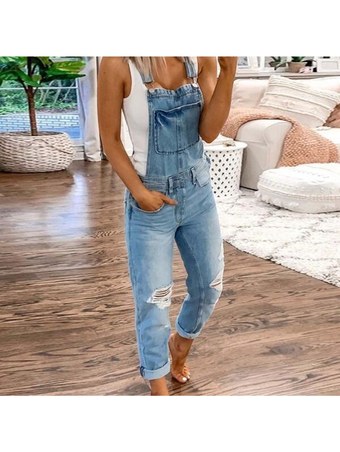 Women's Denim Overalls - Wide Leg Distressed Detail – Blue option – main product image