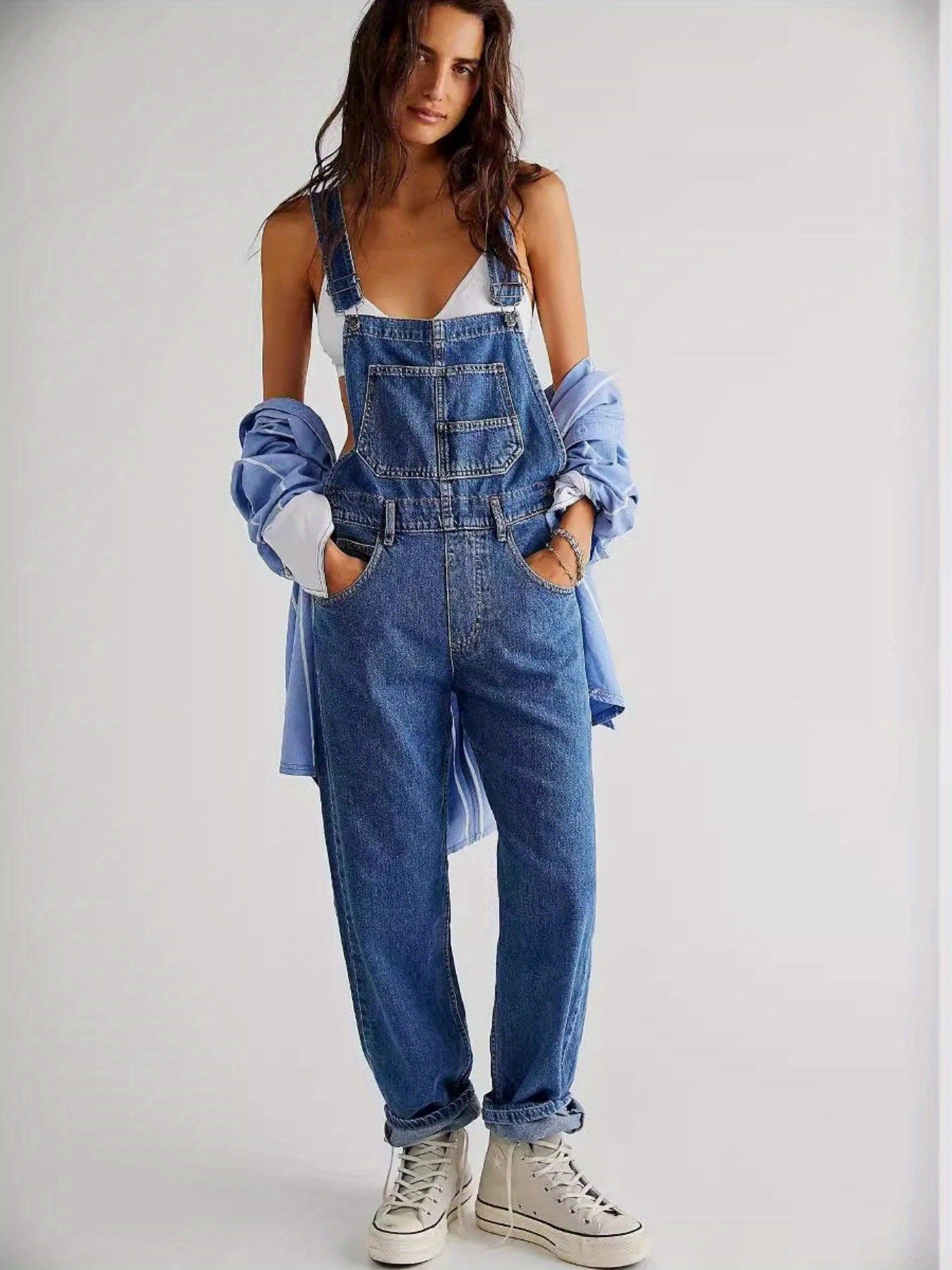 Women's Denim Overalls - Wide Leg Pocket Detail detail view