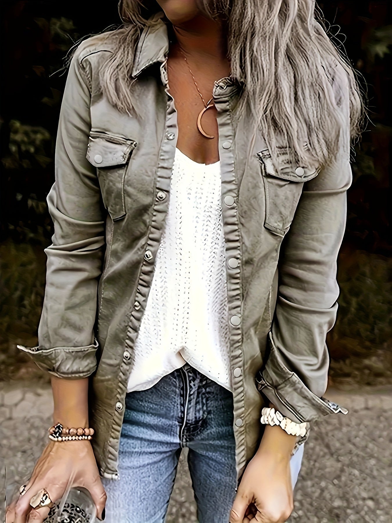 Women's Denim Shirt - Flap Pocket Design – green option – view 2