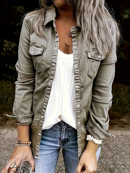 Women's Denim Shirt - Flap Pocket Design – green option – view 2
