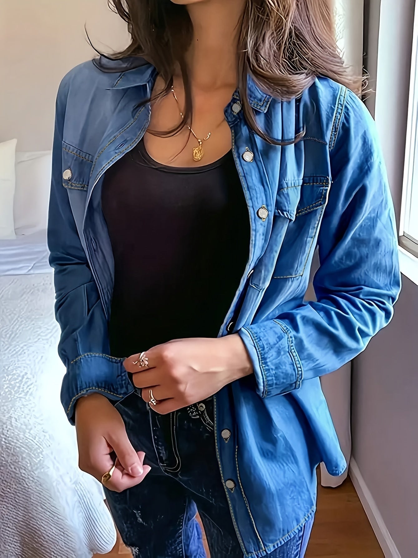 Women's Denim Shirt - Western Button-Up detail view