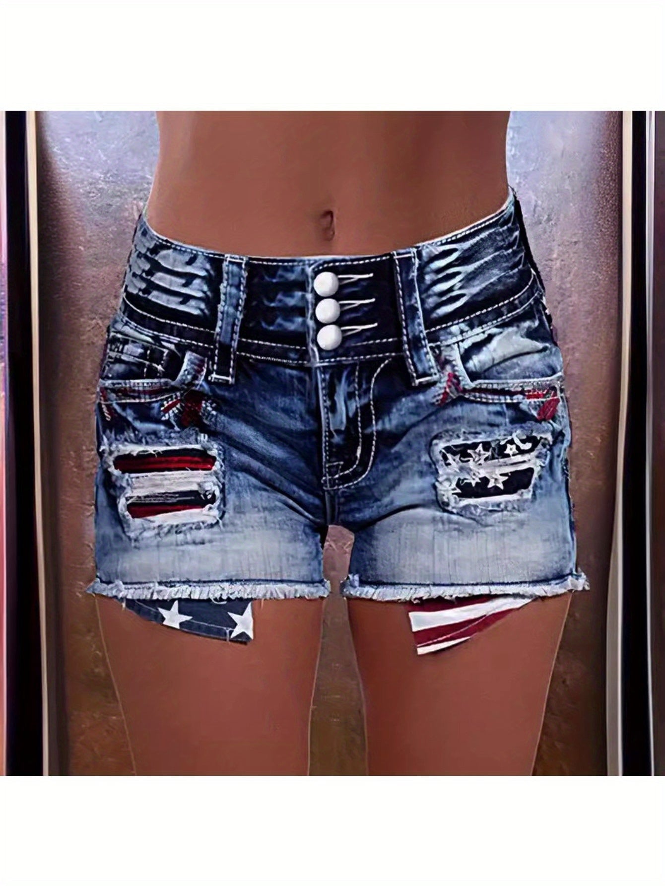 Women's Denim Shorts - Blue Distressed detail view